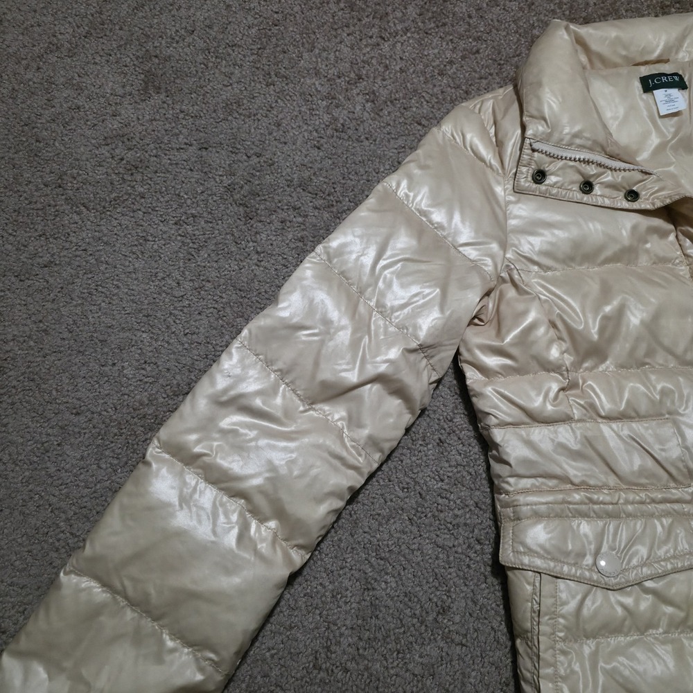 J Crew Down‎ Zip Puffer Coat Jacket Cream Beige Womens Medium Snap Button - Picture 6 of 12